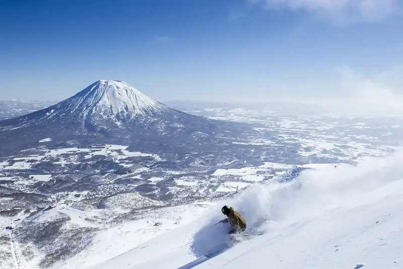 Hero：二世古粉雪滑雪，滑雪者揚起雪花，遠處羊蹄山（蝦夷富士）雪頂