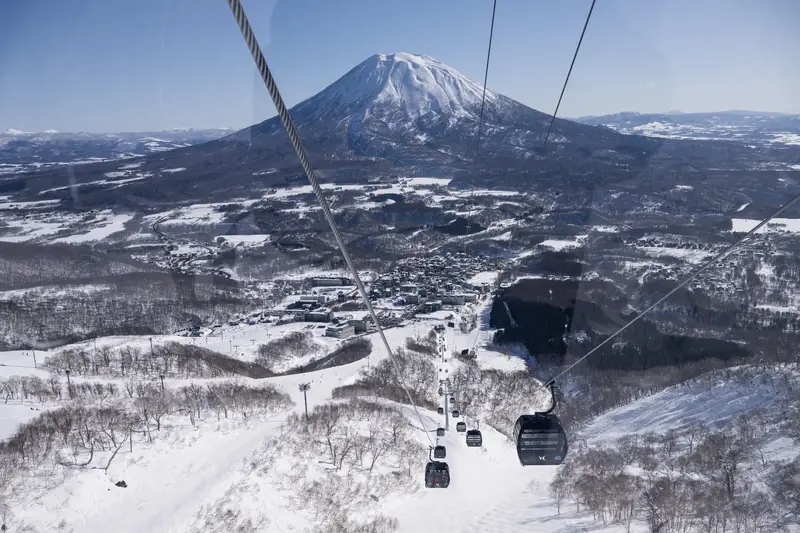 二世古四大雪場纜車與雪道，滑雪者在粉雪斜坡上滑行