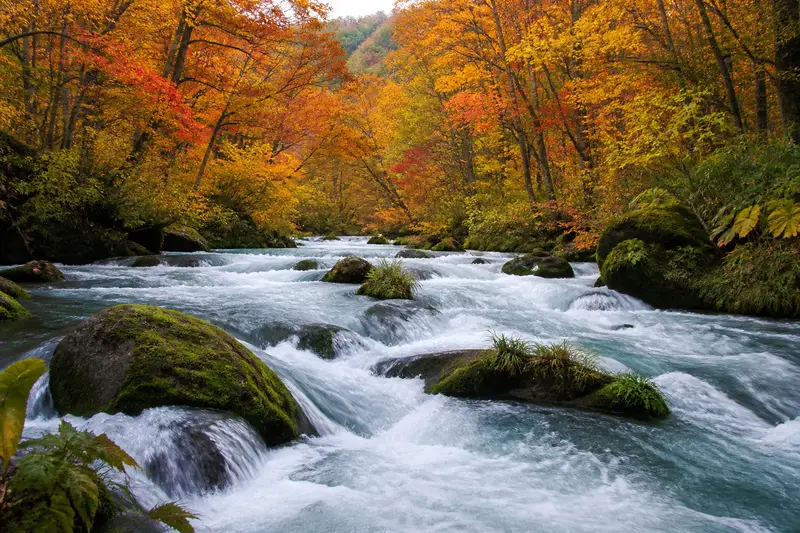 奧入瀨溪流的阿修羅之流，湍急溪水與兩岸紅葉，經典賞景點