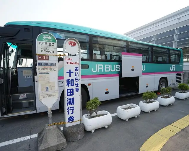 奧入瀨溪流沿線的 JR 巴士站牌與秋日溪畔