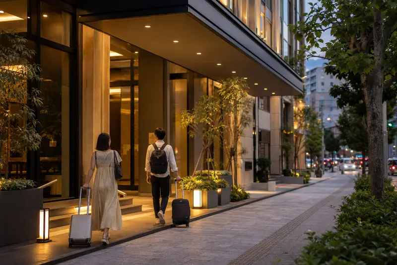 那霸市區飯店入口與旅人行李，呈現沖繩住宿稅可能於入住時收取的情境。