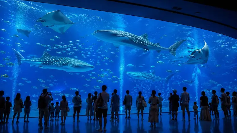 沖繩美麗海水族館巨大主水槽與鯨鯊展示畫面