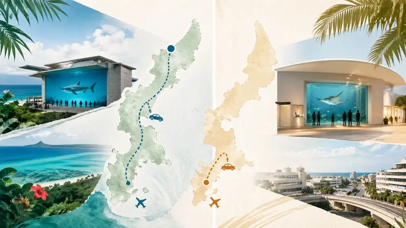 沖繩北部美麗海與南部 DMM 水族館位置比較概念圖