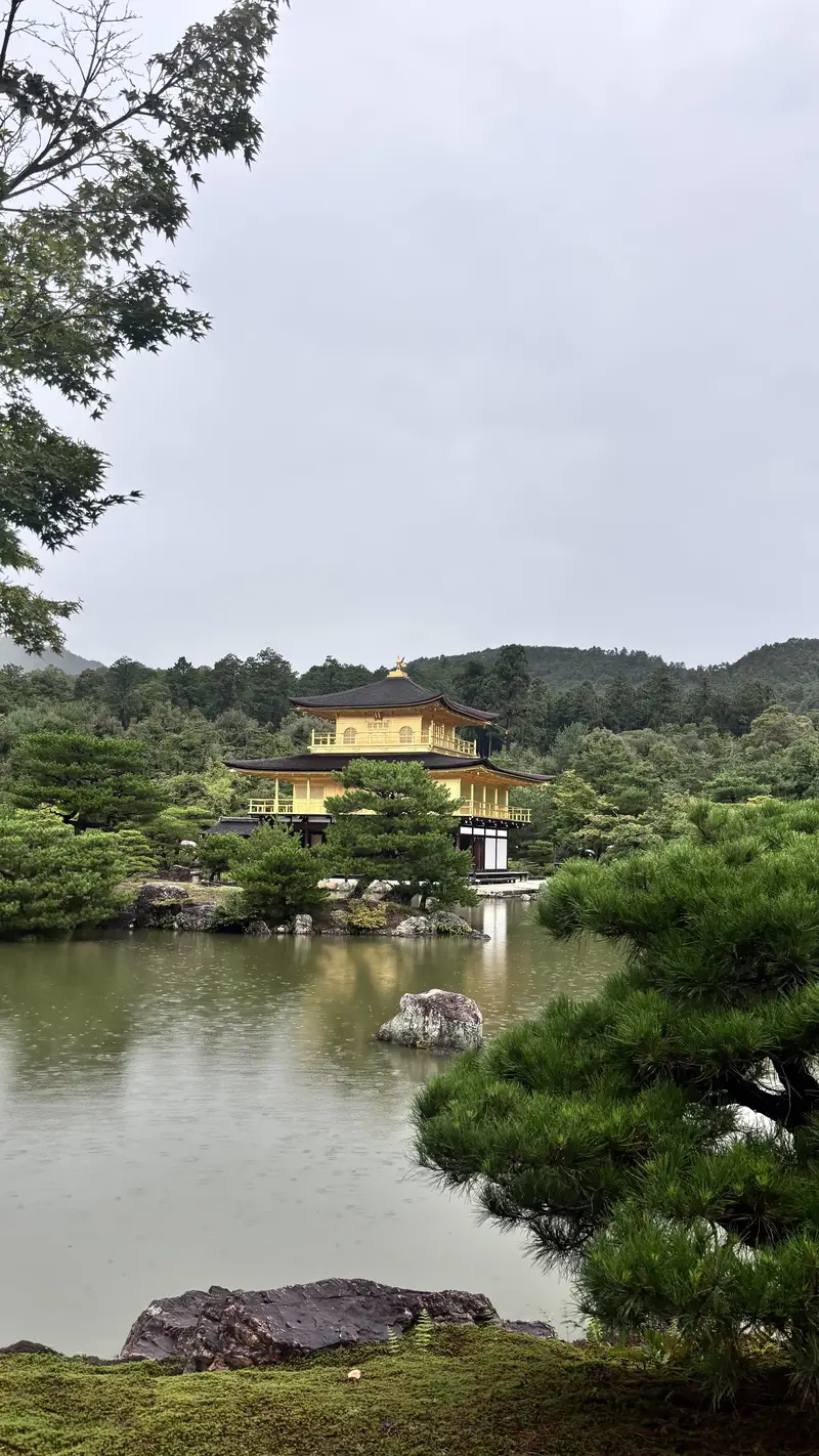 金閣寺金箔舍利殿倒映在鏡湖池上的經典畫面