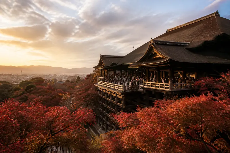 清水寺懸造工法搭建的清水舞台，遠眺京都市區景色