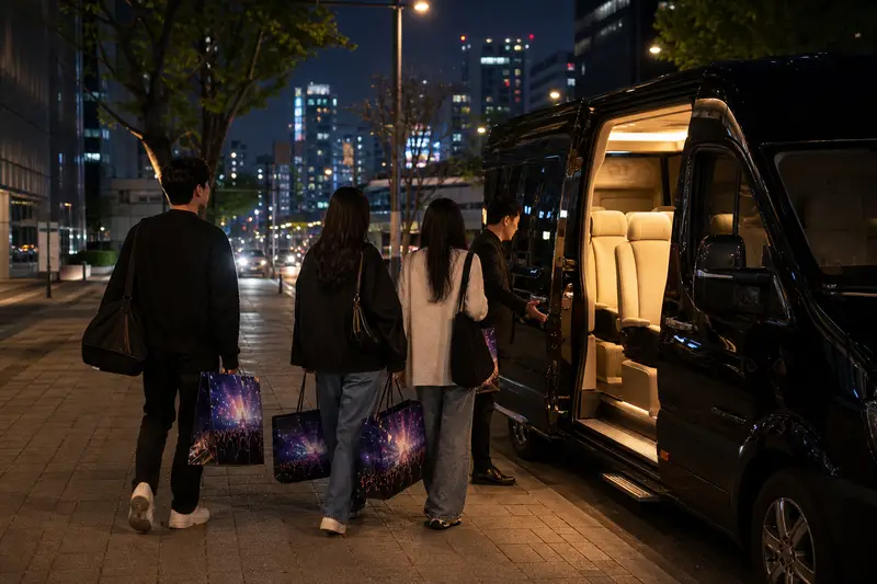 韓國演唱會散場後，旅人準備搭乘預約接送車返回飯店。