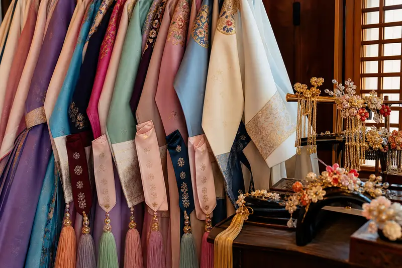 首爾韓服租借店內的韓服布料、髮飾與緞帶細節。
