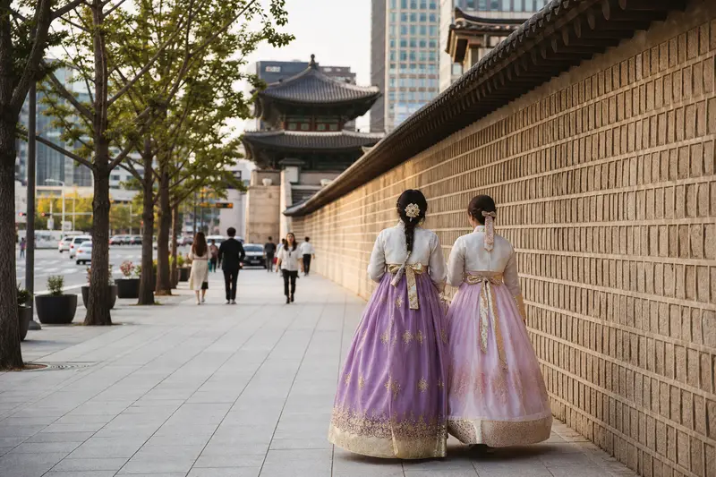 首爾安國站周邊街道與穿韓服步行的旅人。