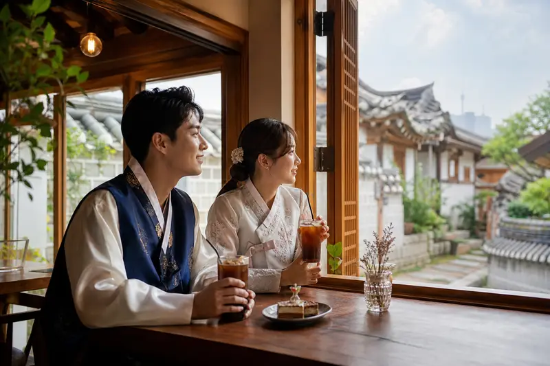 穿韓服的旅人在北村附近咖啡廳休息。