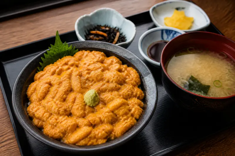 積丹的生海膽丼，滿滿金黃海膽鋪在白飯上，配味噌湯與小菜
