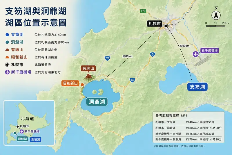 支笏湖與洞爺湖湖區位置示意，標出兩湖、有珠山、昭和新山與札幌、機場的相對位置
