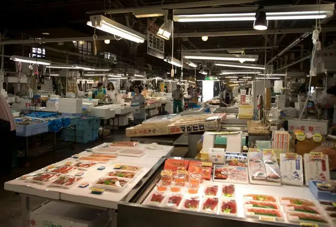 鹽竈魚市場拍賣現場，一整排生鮪魚陳列在地面