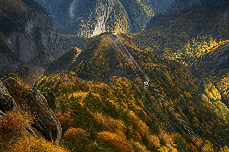 黑岳纜車車廂俯瞰層雲峽峽谷，兩側紅葉與柱狀節理岩壁