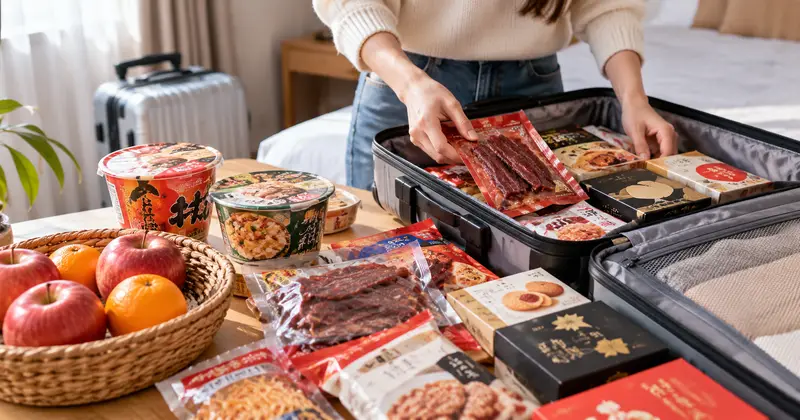 旅客打開行李檢查伴手禮，桌面有肉乾、泡麵、水果與紅線申報提醒
