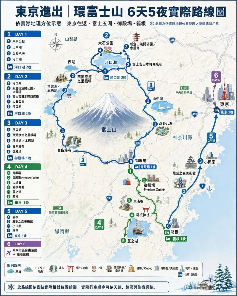 資訊圖：東京進出環富士山6天5夜實際路線總覽地圖