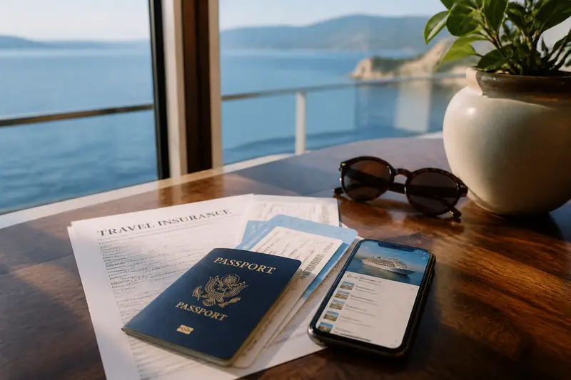 桌上擺放護照、郵輪行程與旅遊保險文件。
