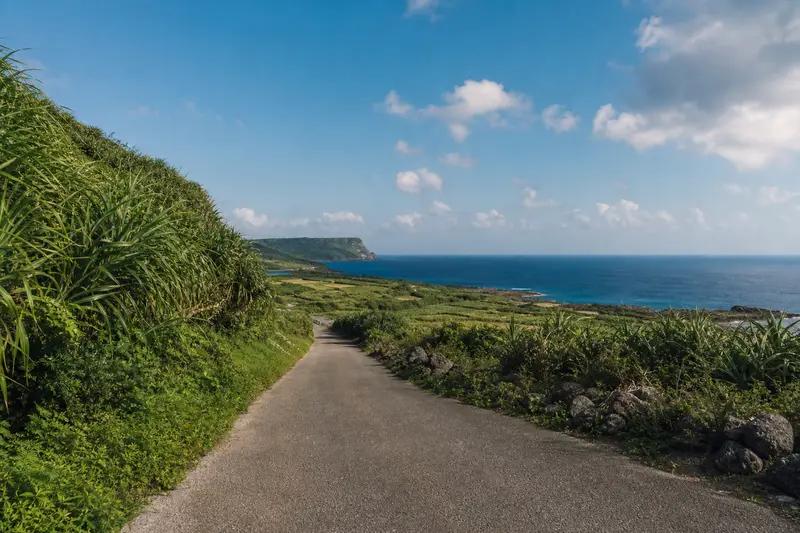 與那國島安靜的島內道路與遠方海景，呈現離島旅行氛圍。