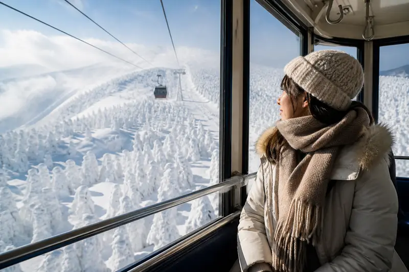 藏王纜車山頂線的纜車廂駛過樹冰原，窗外一片白色雪怪