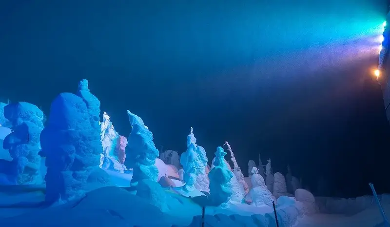 夜間點燈的藏王樹冰，燈光下發亮的白色雪怪浮現在黑暗中