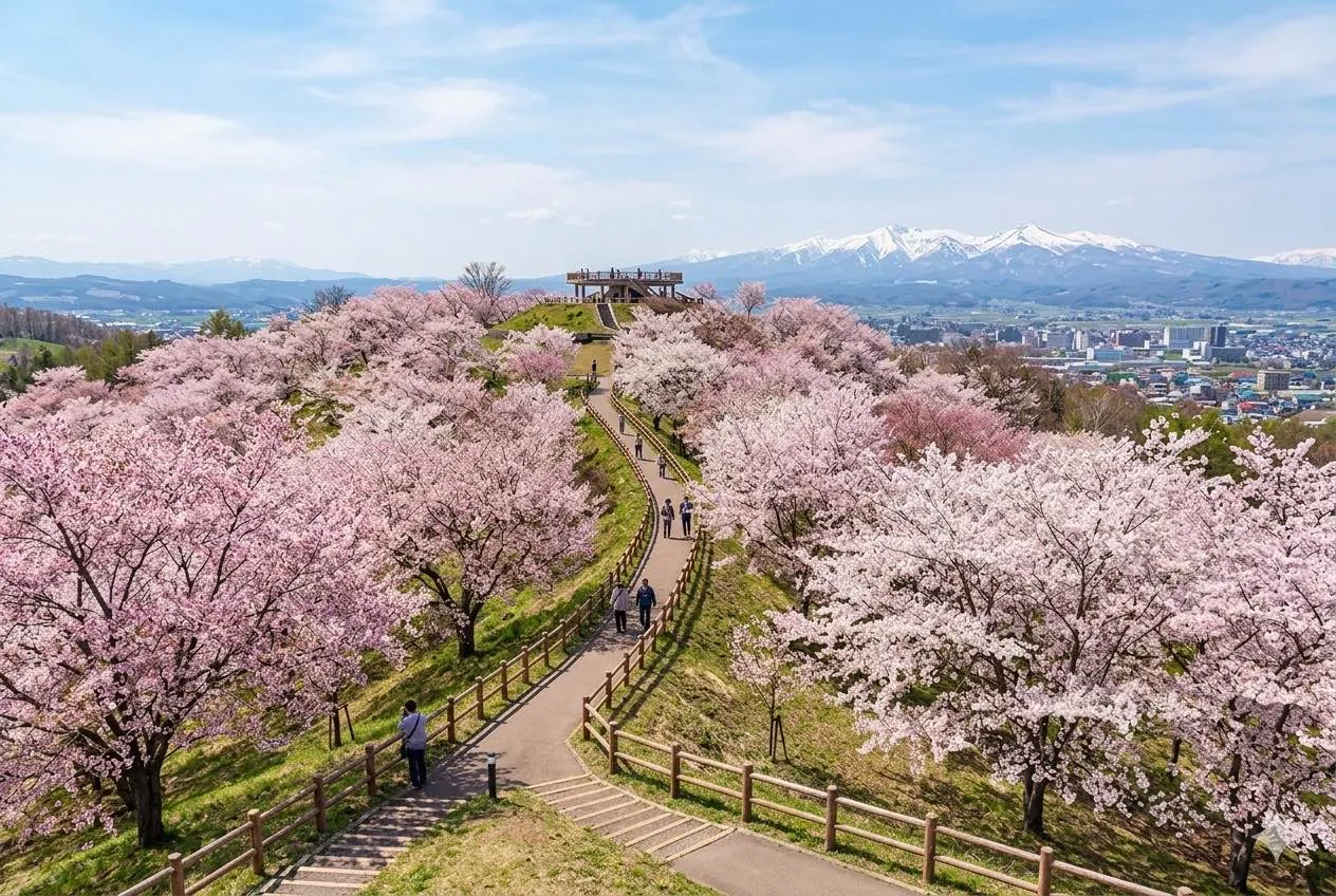 旭山公園蝦夷山櫻與大雪山