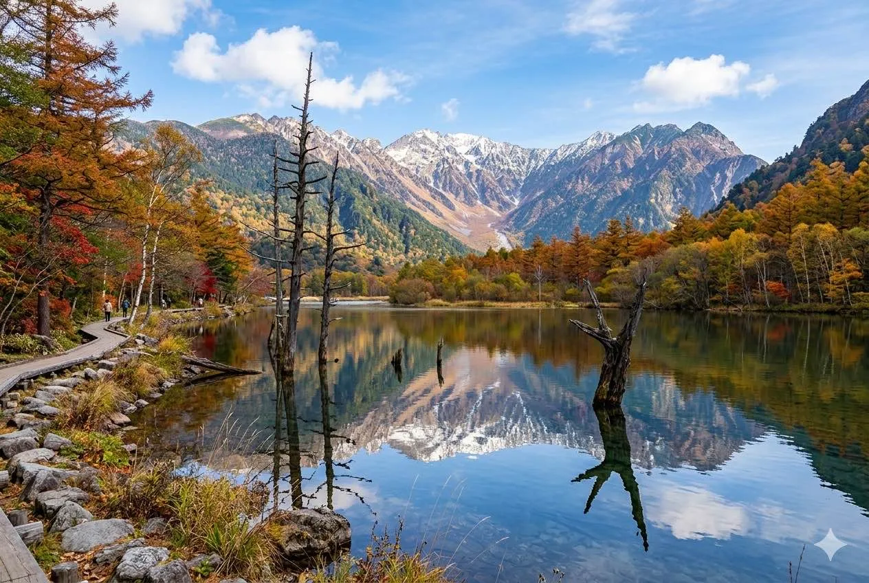 上高地大正池倒映山景