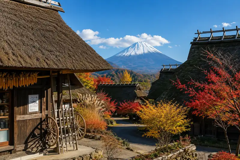 西湖いやしの里根場茅草屋與富士山