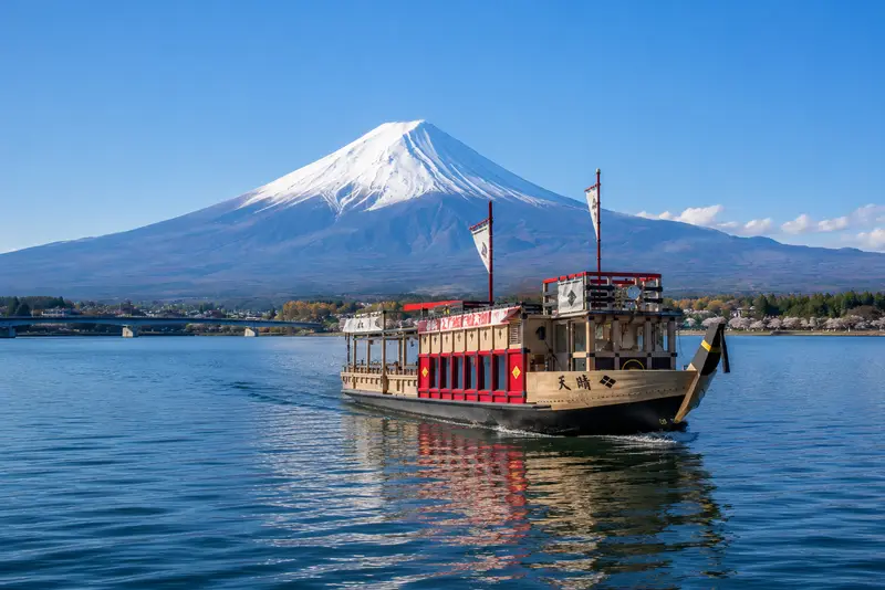 河口湖遊覽船天晴號與富士山