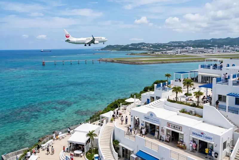 沖繩瀨長島望向機場起降